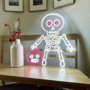 Skeleton with Pumpkin Halloween Neon Sign