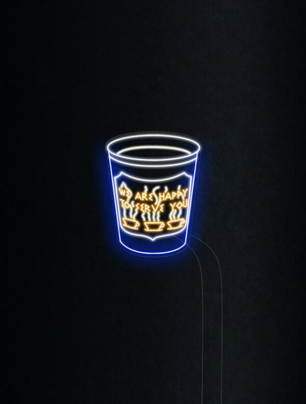 We Are Happy To Serve You paper coffee cup blue and white neon