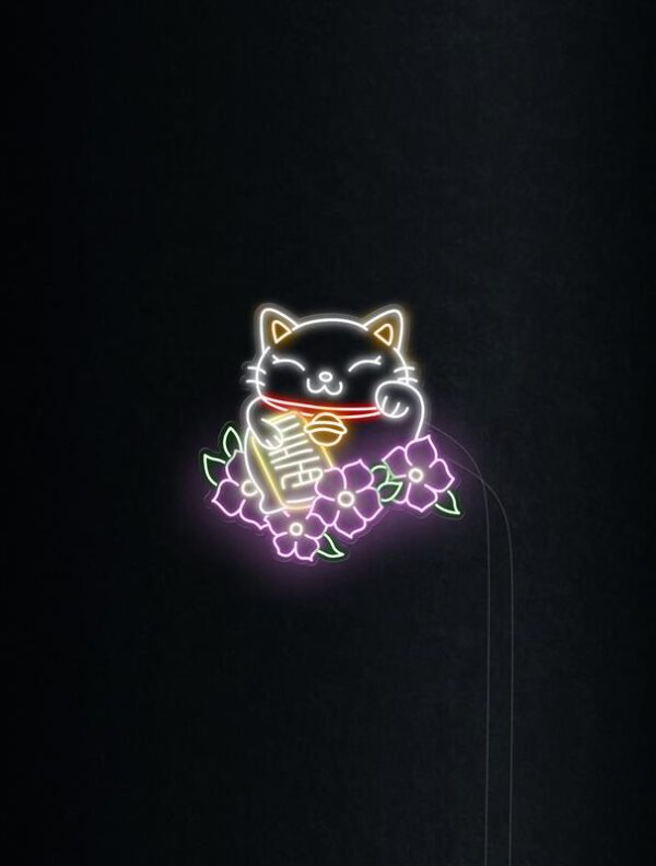 lucky cat pink and white neon sign