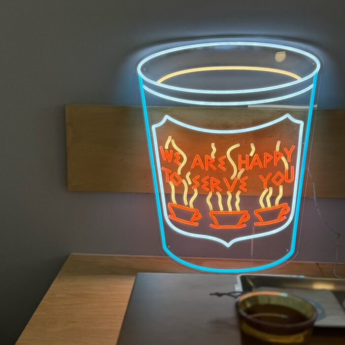 We Are Happy To Serve You paper coffee cup neon sign