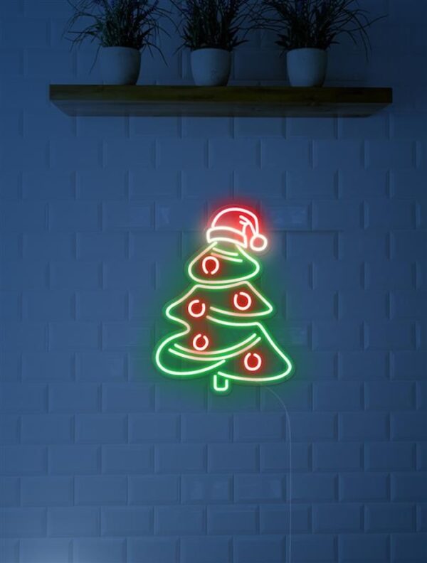 Christmas tree with Santa hat neon sign christmas vibe