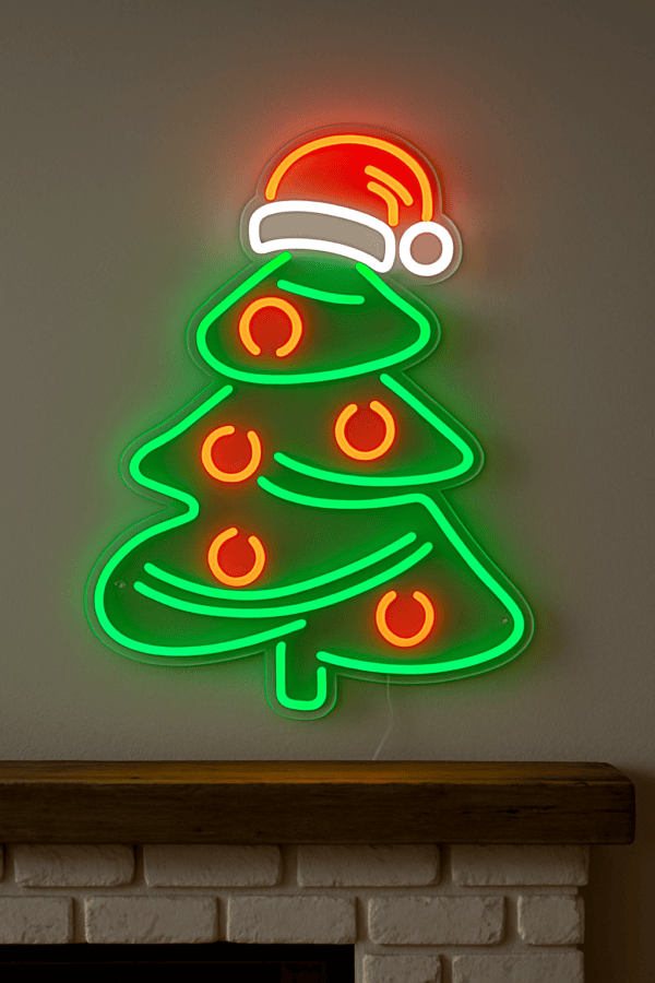 Christmas tree with Santa hat sign holiday decor