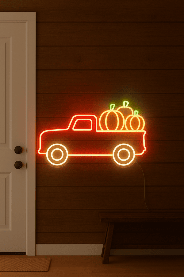 Red truck with pumpkin harvest neon sign halloween decor