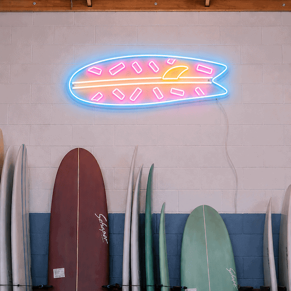 surfbaord surfing shop business neon sign