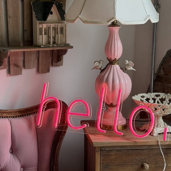 hello. pink neon sign room decor