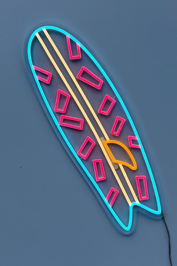 surf board neon sign light ice blue pink orange white
